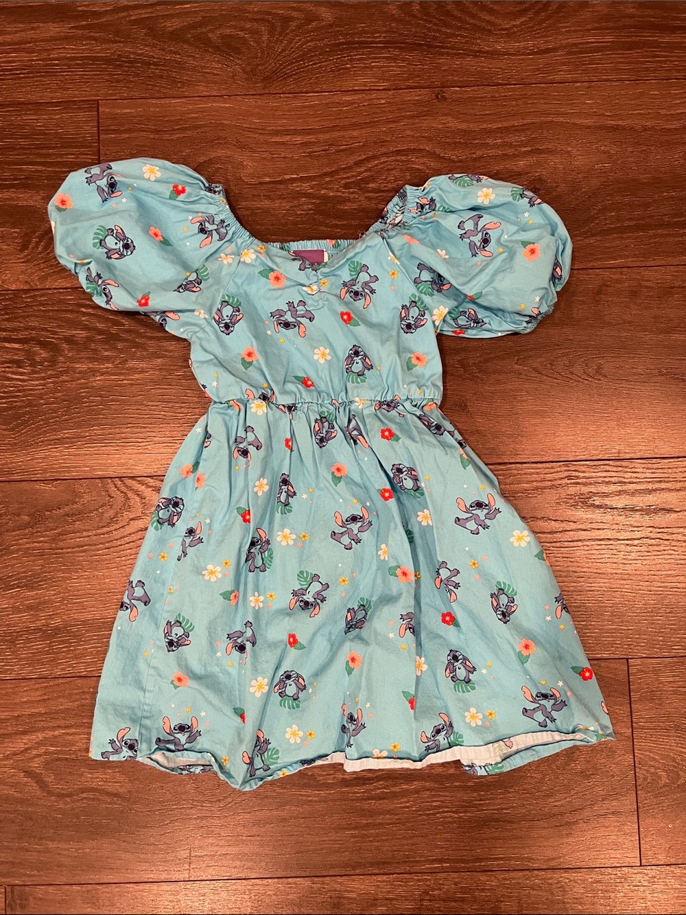 Disney Teal Puff Sleeve Dress with Character & Floral Motif